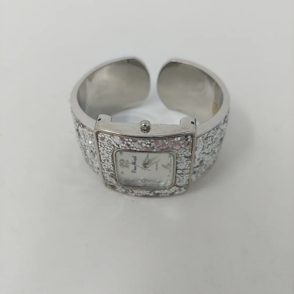 Pierre Nicol Silver Sequin Sparkly Watch Cuff Bracelet Square Face Glam Bling